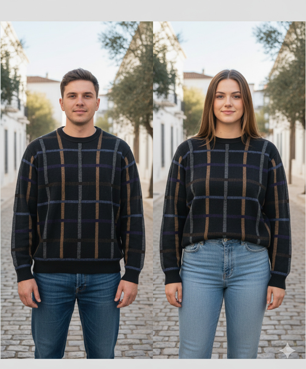 Unisex Black Multicolor Plaid Knitted Pullover wool blend Sweater retro Size L